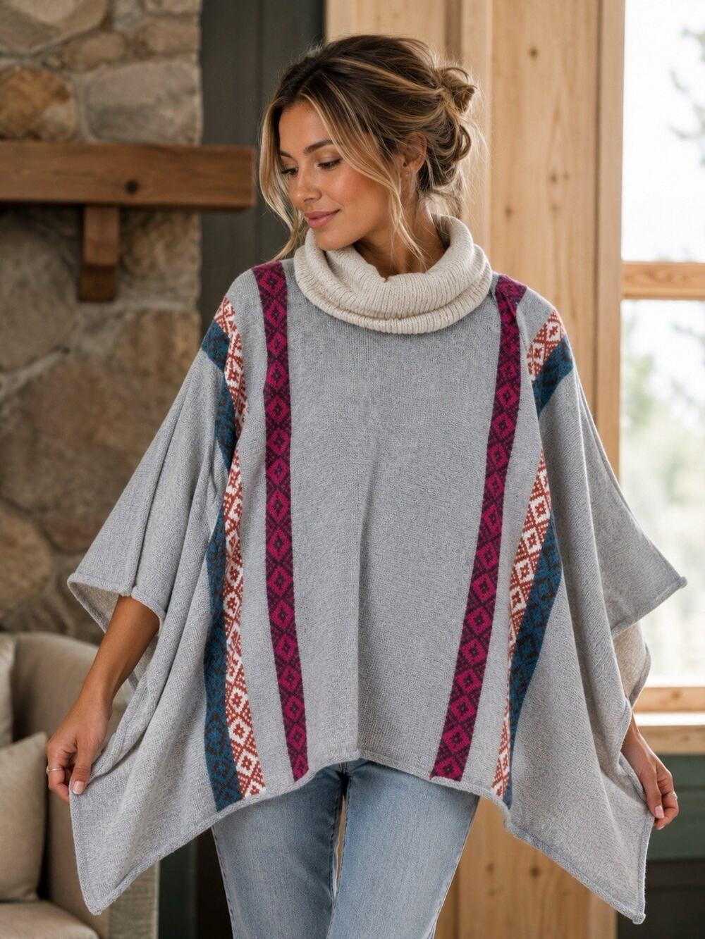 Indigenous Handmade Peru Alpaca Women’s Turtleneck Poncho One size Grey M4